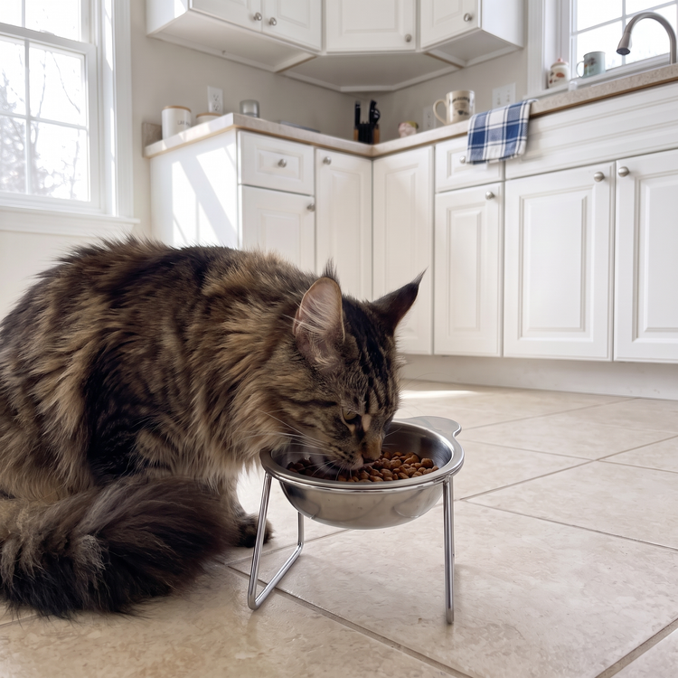 Maine Coon cat eating from the PetRoot bowl in a kitchen.