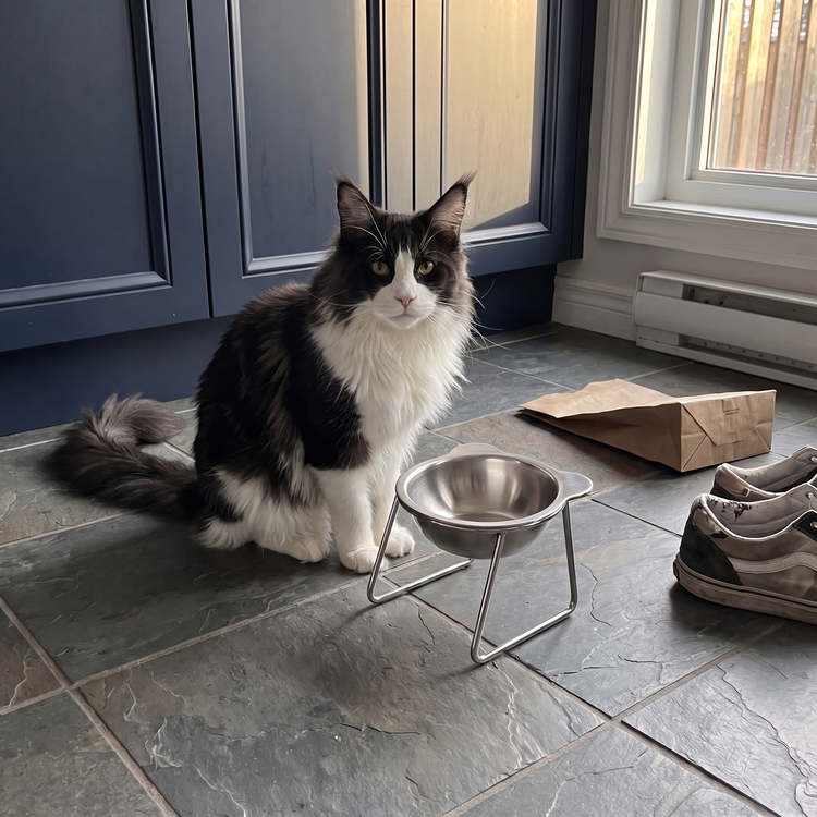 Maine Coon cat sitting beside the PetRoot bowl at an entryway.