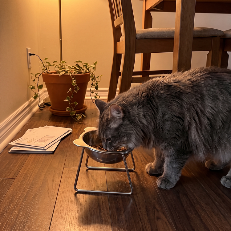 Long-haired grey cat using the PetRoot bowl in an apartment dining corner.