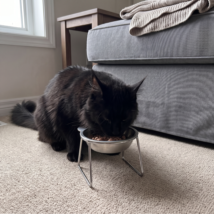 Maine Coon cat eating from the PetRoot bowl in a living room.