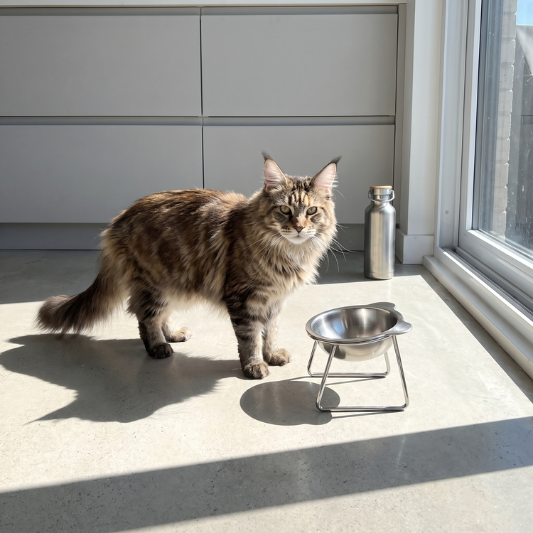 Maine Coon cat standing beside the PetRoot bowl in a modern kitchen.