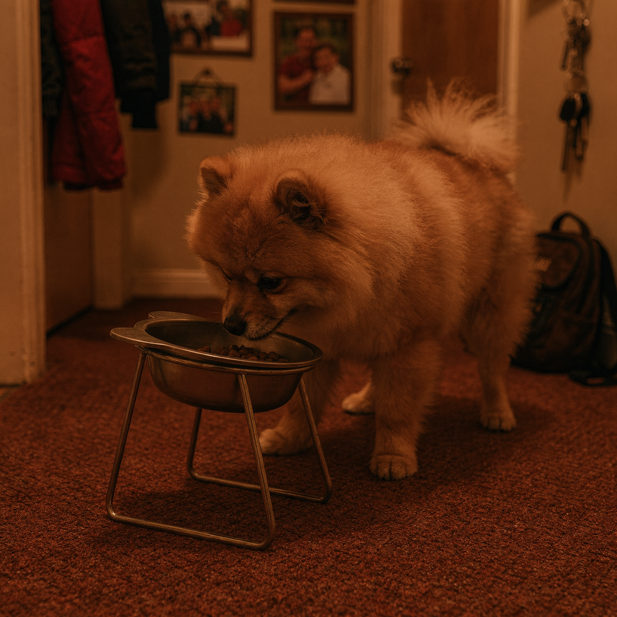 Small dog next to the PetRoot bowl in a tidy home