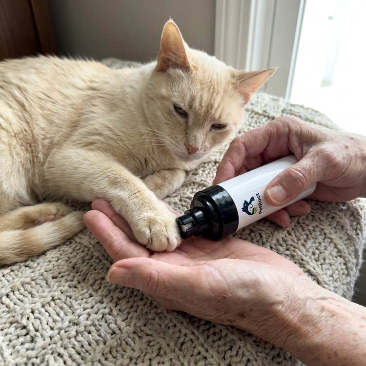 PetRoot Silent Nail Trimmer — customer photo of a senior cat on a blanket with its paw resting in an open hand
