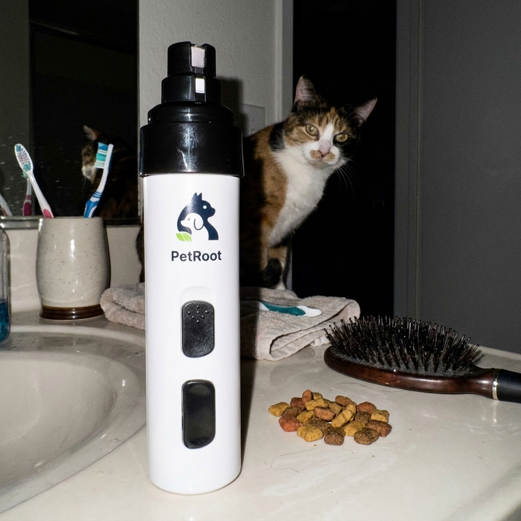 PetRoot Silent Nail Trimmer — customer photo of the trimmer on a counter with treats and a calico cat watching