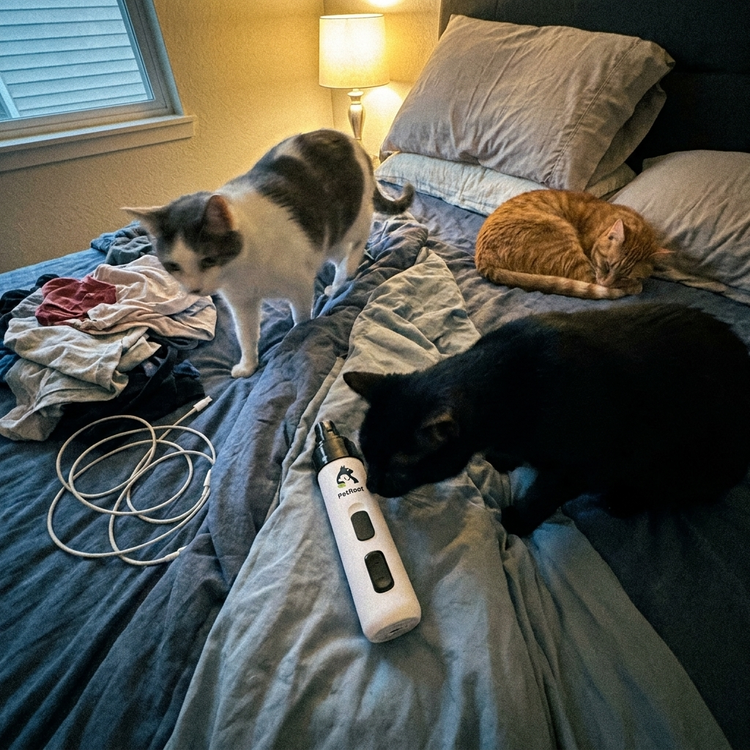 PetRoot Silent Nail Trimmer — customer photo of three cats on a bed around the trimmer