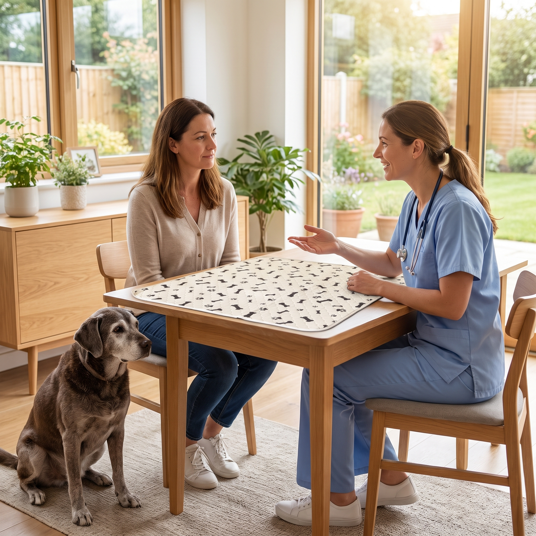 Veterinarian discussing indoor accident management with a senior-dog owner.