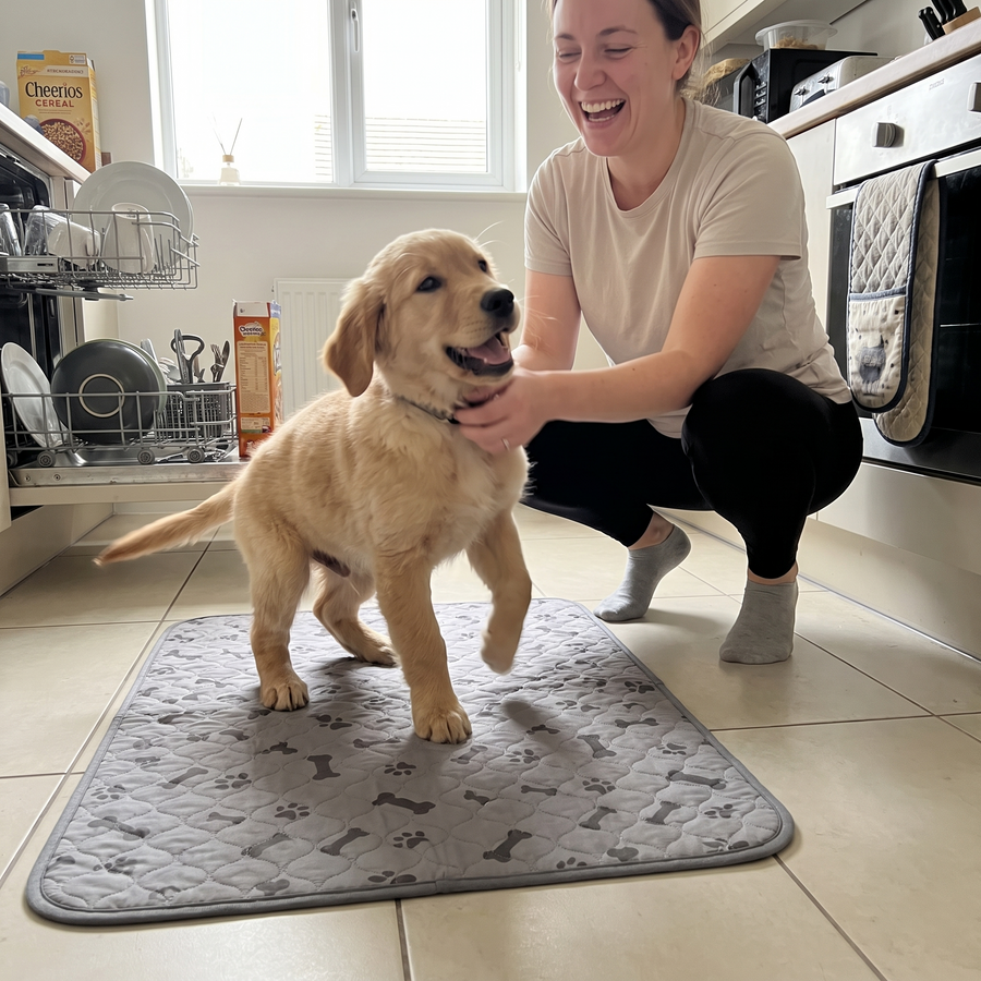 Danielle C. with PetRoot reusable potty pads at home.