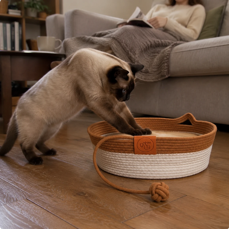 Cat reaching into the PetRoot cat basket - review Nicole B.
